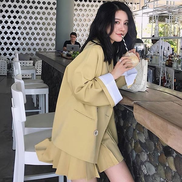 

two piece dress fashionable british style casual autumn suit of pure color with high waist skirt plied two-piece suit. p45e, White