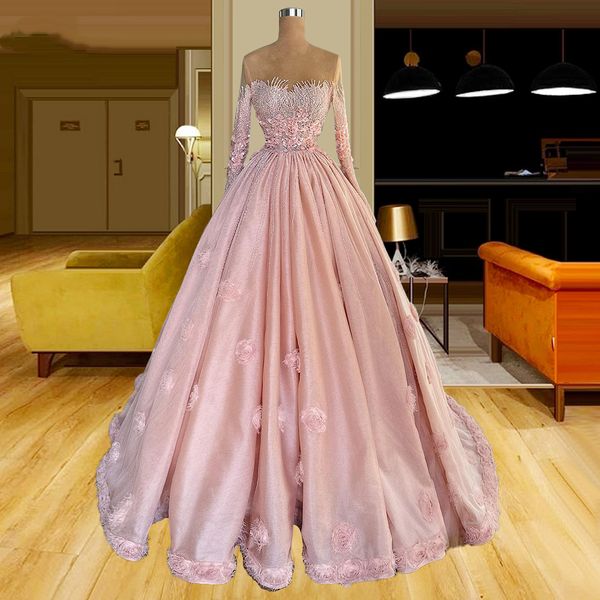 Rosa Perlen-Abschlussballkleider in A-Linie, sexy, transparenter Ausschnitt, applizierte Langarm-Abendkleider, Partykleid für besondere Anlässe, Robe de Soiree