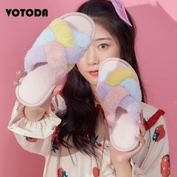 

winter home shoes women house slippers warm faux fur slides ladies cross soft plush furry female open toe, Black