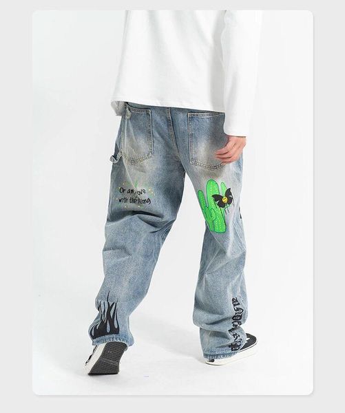 

personalized flame printing men's casual washed jeans, Blue