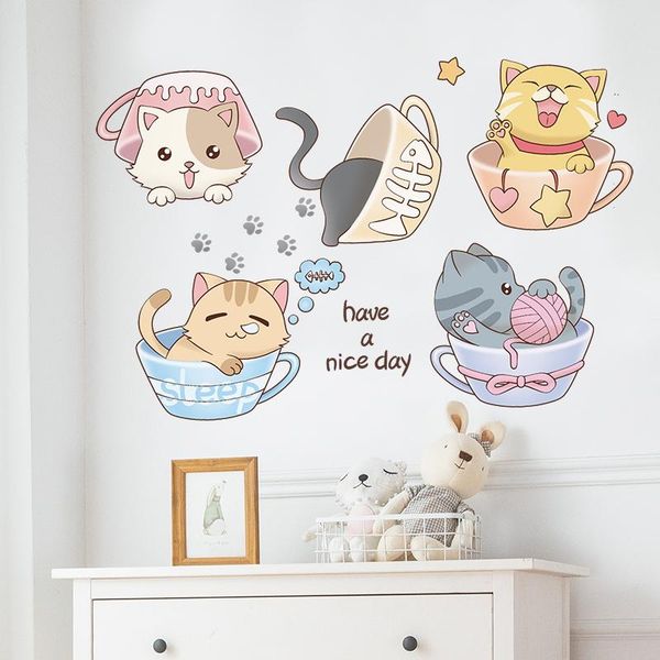 

wall stickers [shijuekongjian] cartoon cups diy cats animal mural decals for kids room baby bedroom nursery house decoration