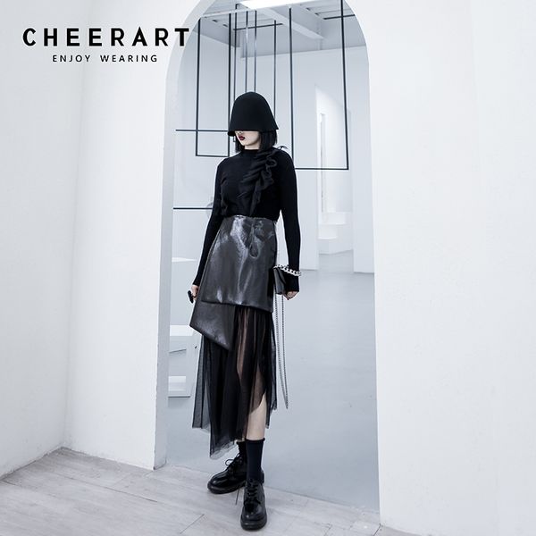 

mesh pu leather skirt women black asymmetrical patchwork ladies midi fashion clothing 210427