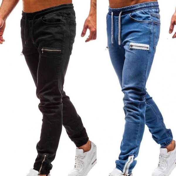 Homens elásticos calças jeans casuais casuais zíper cordão jeans jeans treinamento atlético multi bolsos tornozelo amarrado sweatpants x0621