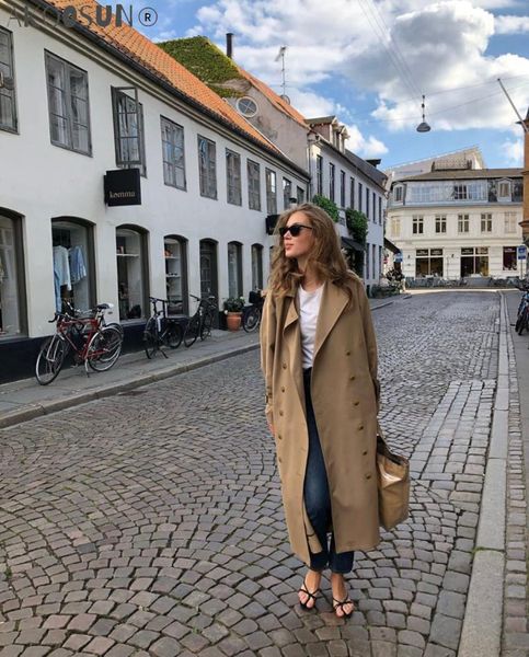 

women's trench coats fashion woman cotton long oversized coat drop shoulder sleeves with buckle belt front double breasted 2021, Tan;black