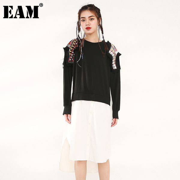 

[eam] women embroidery nailed spliced midi dress round neck long sleeve loose fit fashion spring autumn 1dc68701 21512, Black;gray