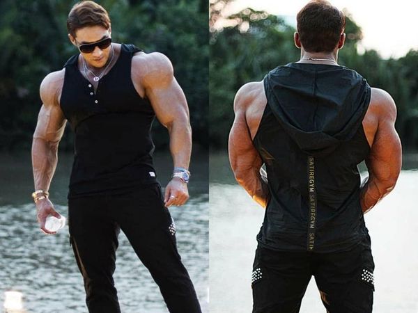 

men' tank casual sleeveless hoodie bodybuilding workout vest shirts, White;black