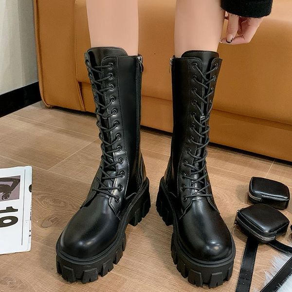 

boots 2021 autumn fashion pu leather platform women's casual lace-up zipper pocket decoration motorcycle, Black