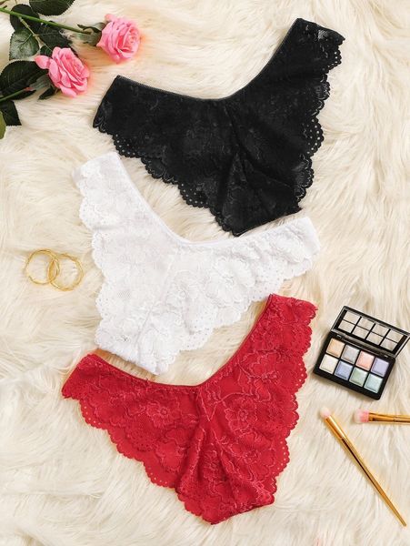 

plus scalloped trim floral lace panty set 3pack u3pj#, Black;white