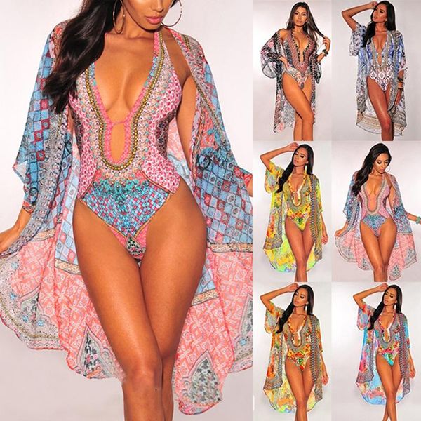

one-piece suits 2021 one piece swimsuit women print playsuit+ cloak coat two pieces bathing beach wear summer monokini