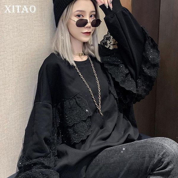 

women's hoodies & sweatshirts xitao lace diamond stitching sweatshirt fashion patchwork lantern sleeve pullover pleated loose minority, Black