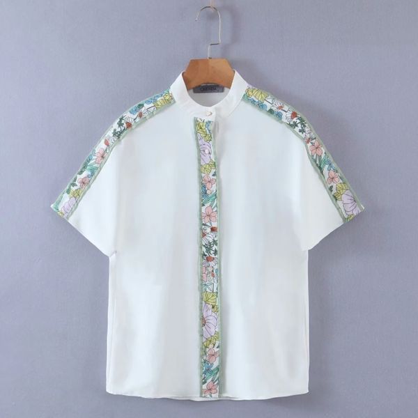 

spring women contrast color splicing chiffon shirt female stand collar short sleeve blouse casual lady loose blusas s8611 210430, White