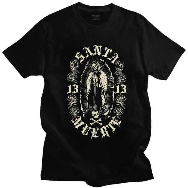 

men's t-shirts gothic santa muerte 13 t shirts men cotton lady of holy death t-shirt mexican skull tee short sleeve streetwear hip hop, White;black
