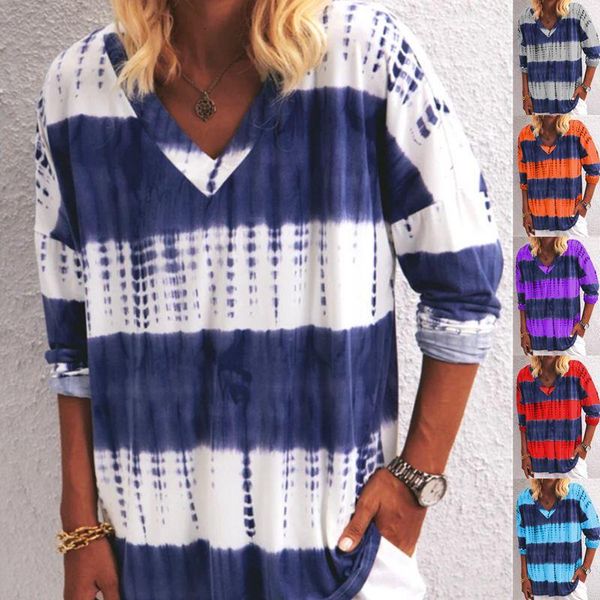 

women's t-shirt 2021 women summer t shirts fashion striped long sleeve v-neck female tees plus size tie-dye print lady shirt 5xl top, White