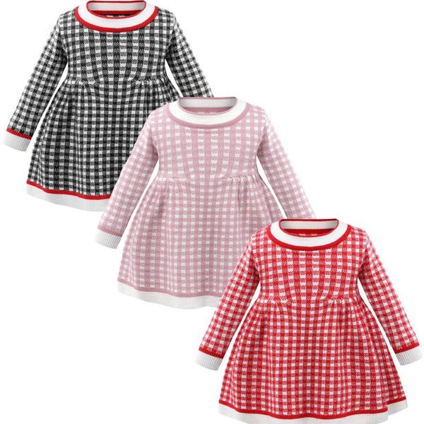 

girl's dresses 2021 winter knitted dress autumn children warm sweater for girls infant casual lattice pleated princess 0-5y, Red;yellow