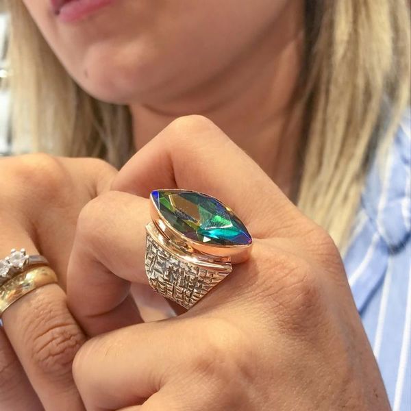 

cluster rings mystic z ring authentic rainbow natural stone handmade silver women ladies custom luxury, Golden;silver