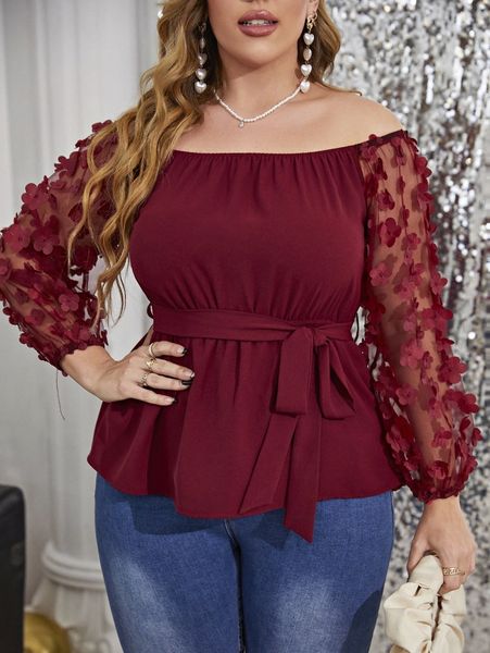 

plus off shoulder contrast mesh appliques belted blouse v5jc#, Black;gray