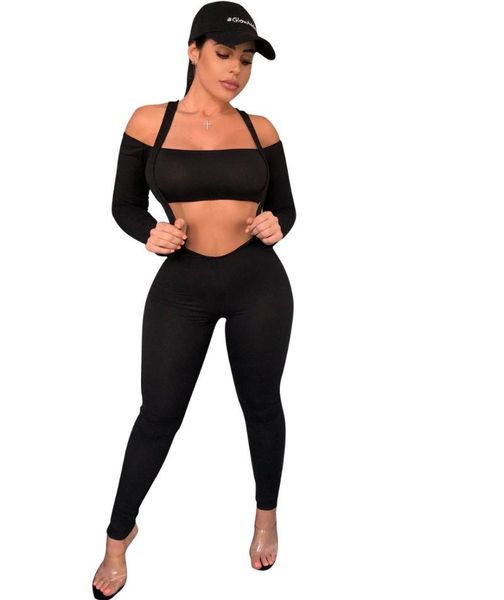 

women's two piece pants fashion women outfits 2021 arrival black long sleeve slash neck short long bib skinny set, White