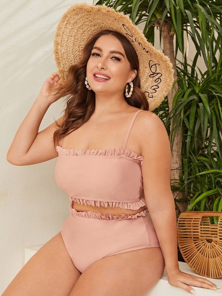 

plus plain frill trim high waisted bikini swimsuit g02e#, Black