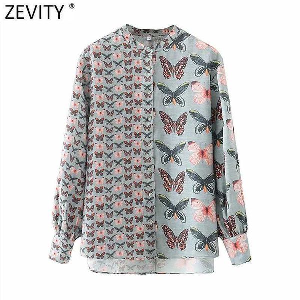 Zevidade Mulheres Vintage Stand Collar Borboleta Floral Patchwork Impressão Blusa Feminina Lanterna Sleeve Camisas Chic Chamise Tops LS9132 210603