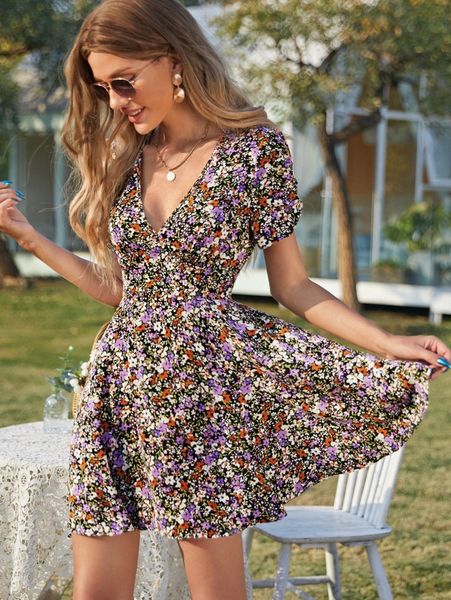 

puff sleeve zip back ditsy floral dress a43t#, Black;gray