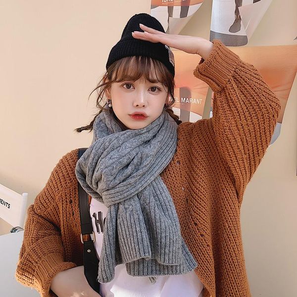 

scarves 2021 knitted warm scarf for woman luxury gray twist woolen yarn women winter ins long solid color thick, Blue;gray