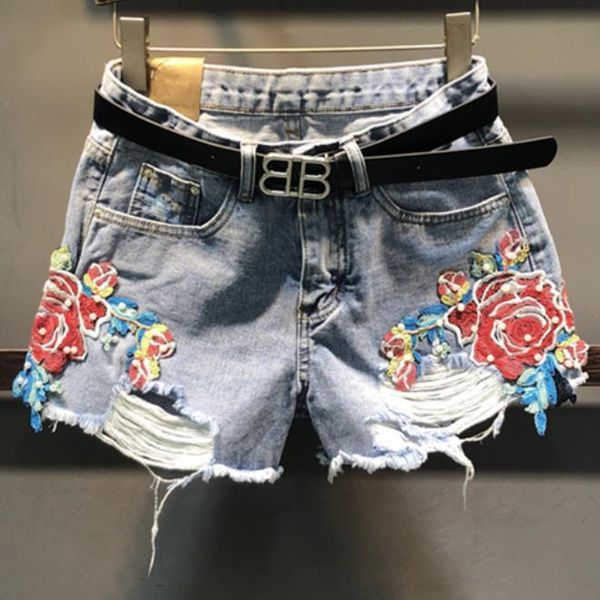

women's shorts light blue denim women summer fashion hole beading embroidered wide leg loose jeans, White;black