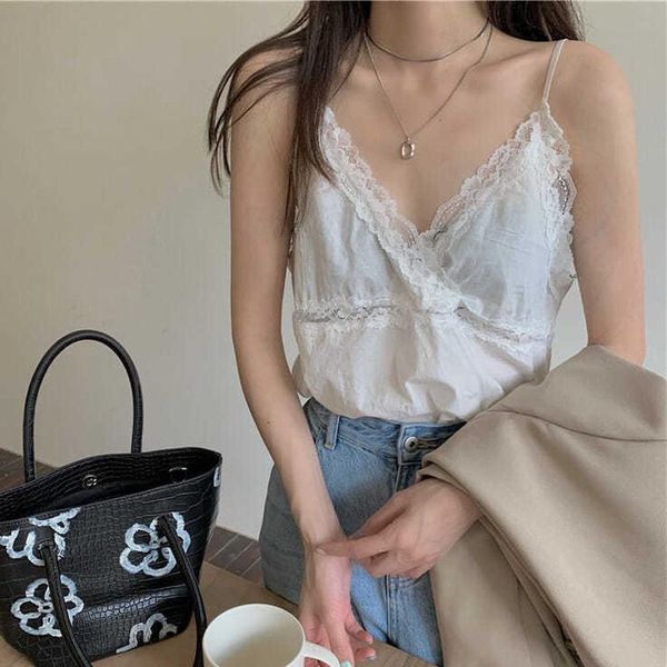 

women's tanks & camis 2021 v-neck all-match spliced slim fairy tender elegant women camisoles solid lace sweet fashion teens crop, White