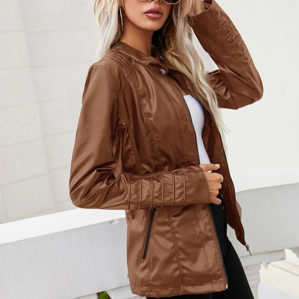

women's leather & faux ftlzz 2021 autumn brown jacket slim fit o-neck parker coat women casual winter long sleeve high-quality outwear, Black