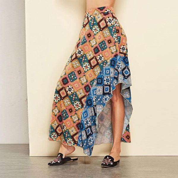 

skirts sweet streetwear style geometric print tulle skirt ruffle irregular high elasic waist long maxi loose, Black