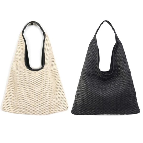 

evening bags 1 pcs shoulder wicker woven straw bag handbags large capacity tote female summer beach purse, black & beige
