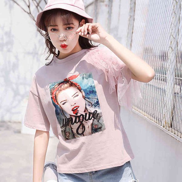 

women's t-shirt beading mesh t women summer short sleeve lace woman clothes cotton vintage tshirt female tee femme vb0l, White
