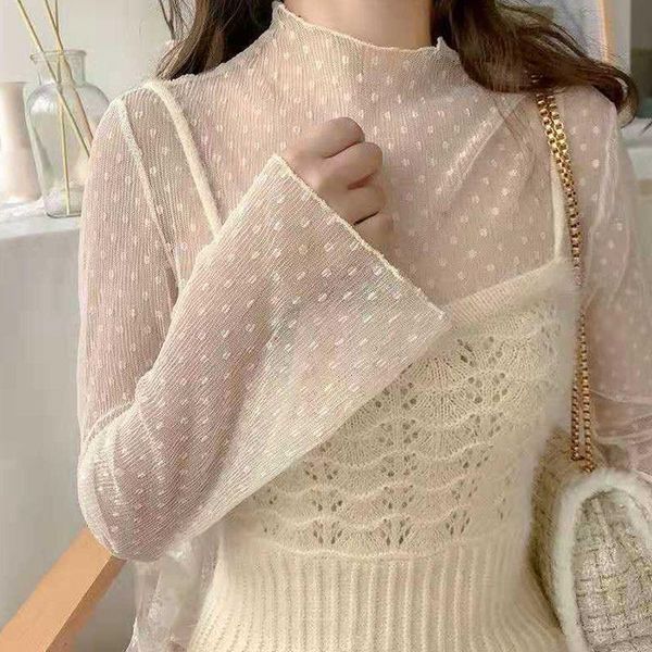 

women's t-shirt half high collar lace bottom coat for women in autumn and winter of 2021, White