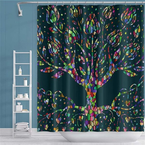

colorful tree shower curtain abstract design irregular geometric pattern leaf elements branches black backdrop fantasy bath