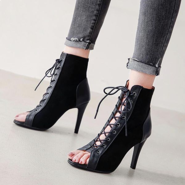 

sandals lace up women's summer 2021 hollow out short boots thin heel high dance shoes large open toe, Black