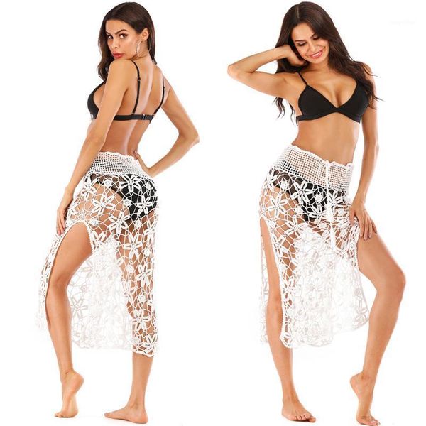 

h80&s90 handmade crochet skirt beach bikini cover up high split hollow out long skirts wrap sarong knitted swimsuit women's swimwear, White;black