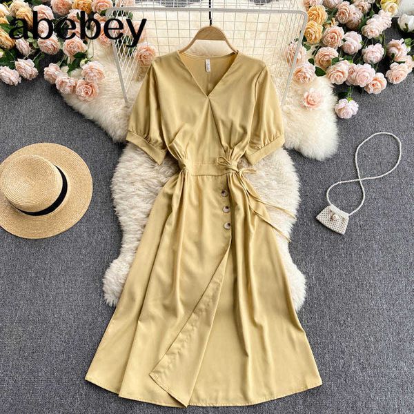 

women sweet french dress elastic ruched v neck short sleeve a-line dresses summer casual streetwear midi dress 210715, Black;gray