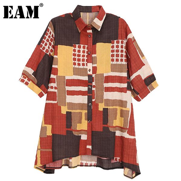 

[eam] women big size irregular patchwork printed blouse lapel half sleeve loose fit shirt fashion summer 1dd7602 21512, White