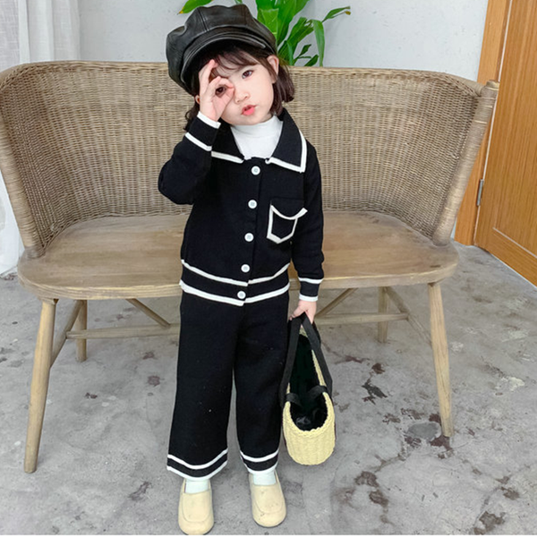 

black color girls autumn winter clothes 2021 kids clothes girl knitting clothing set coat+pants 2pecs child tracksuit, White