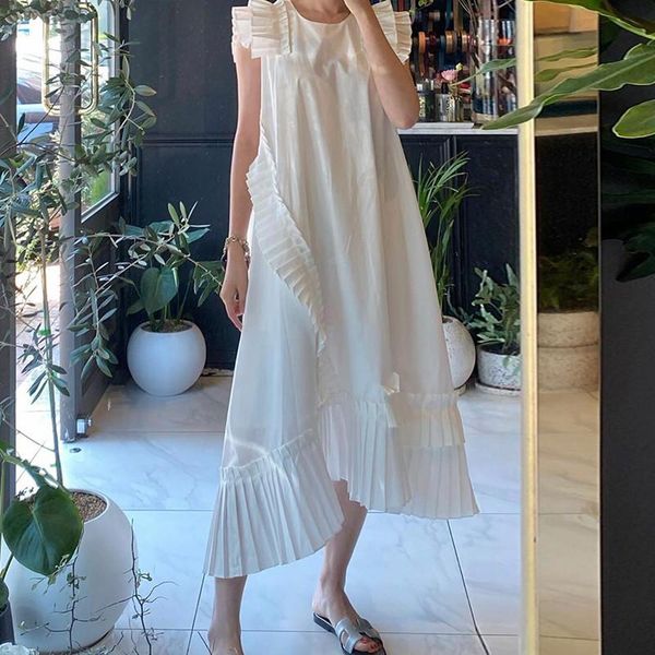 

casual dresses designed pleated stitching loose shirt dress women fashion black white irregular sleeveless ruffled vestidos, Black;gray