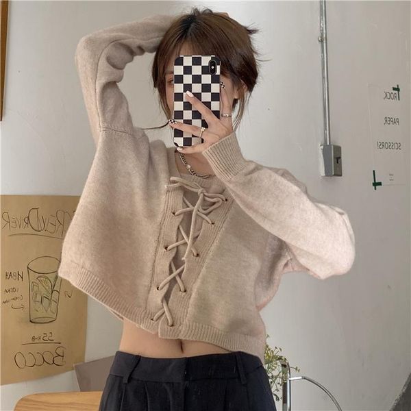 

women's sweaters autumn loose pullover v-neck long sleeve lace-up white knitted fabric sweater for women.kio, White;black