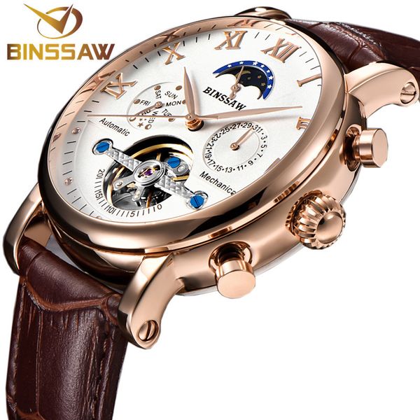 

limited men automatic mechanical tours clocks fashion luxury brand leather calendar steel sports relogio masculino, Slivery;brown