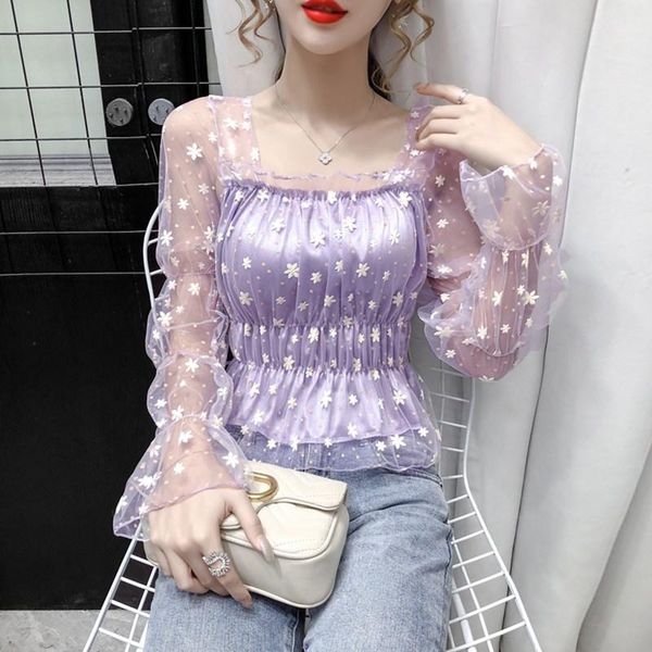 

summer women embroidery flower puff sleeve mesh gauze ruffle dot basic shirt lady short elastic slim waist chic lace blouse women's bl, White