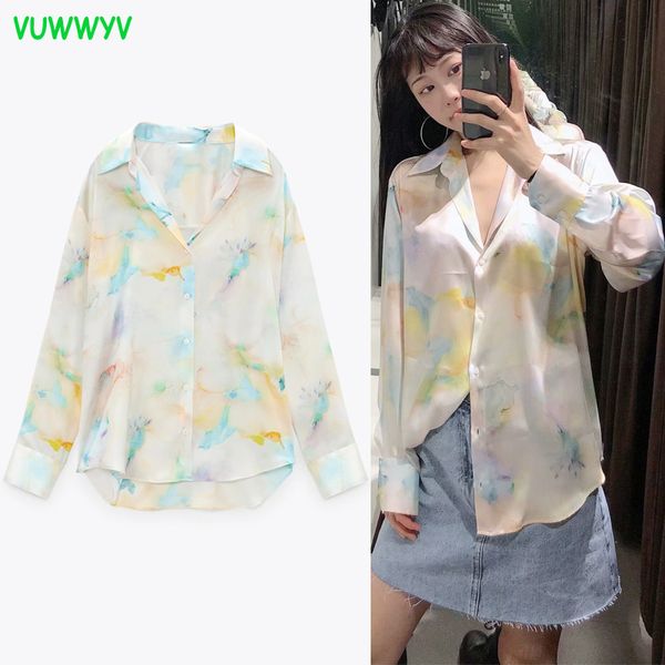 

vuwwyv fashion flowing tie dye shirts for women summer casual collar button up shirt woman long sleeve satin ladies 210430, White