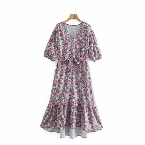 

summer women v neck sashes vintage printed midi dress female puff sleeve clothes casual lady loose vestido d7711 210430, Black;gray