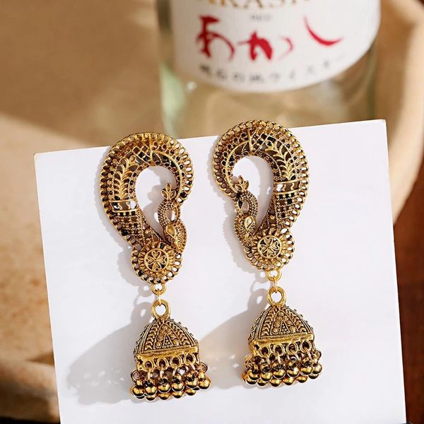 

vintage gold peacock alloy turkish pendant earrings for women retro ethnic gypsy indian bell tassel tribal jewelry, Silver