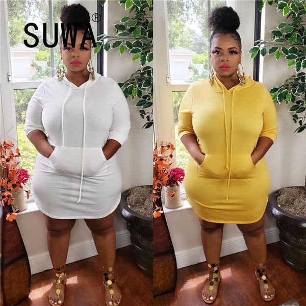 

women plus size lady hooded mini dress solid drawstring full sleeve pockets bodycon dresses autumn est wholesale clothes 210525, White