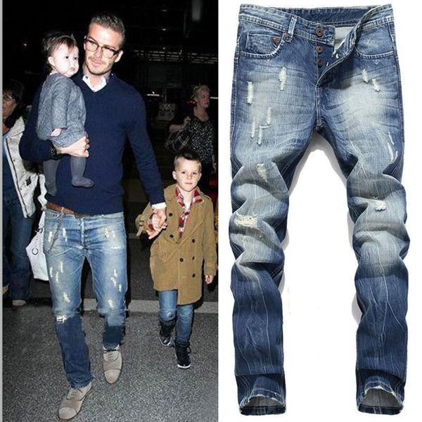 Herren-Jeans, elastisch, verwaschenes Blau, zerrissene, plissierte Hose mit geradem Bein, Vintage-Mode