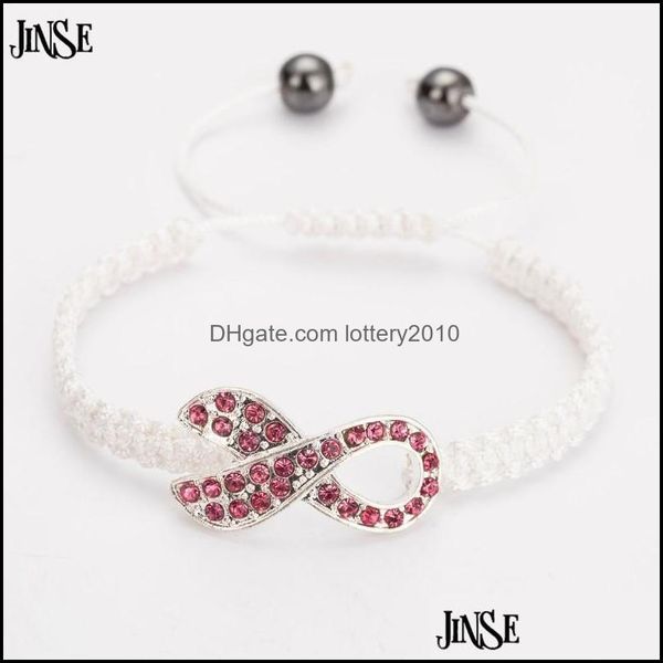 Braccialetti con ciondoli Jewelryjinse Bracciale con strass di cristallo Nastro di perline Consapevolezza del cancro al seno Bracciale Rame intrecciato a mano regolabile lavorato a maglia1 D