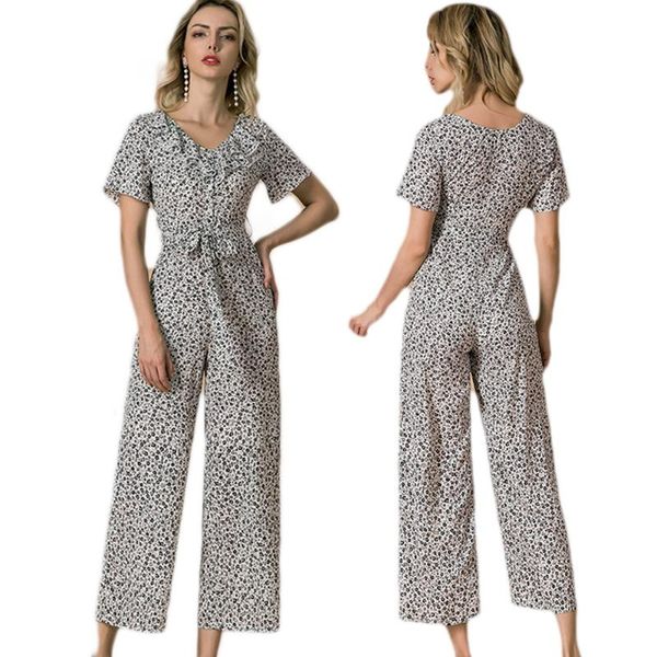 

women's jumpsuits & rompers fashion american style women short sleeve ruffle collar harem pants casual ladies overall wide legs bodysui, Black;white