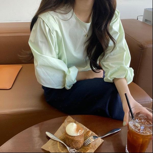 

minimalist womens blouses green girls chic women students streetwear delicate all match brief solid elegant shirts, White